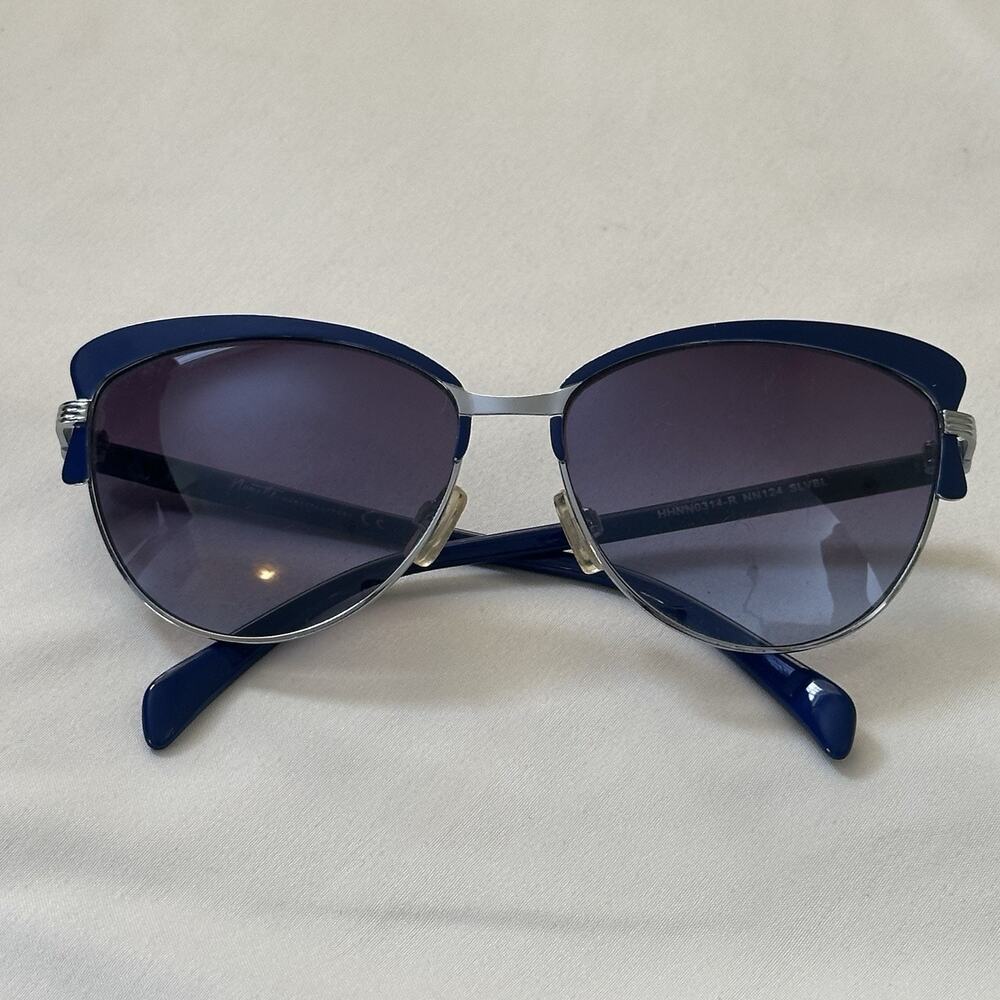 Nanette Lepore Blue Cat Eye Sunglasses Silver Frame Retro Y2K Designer